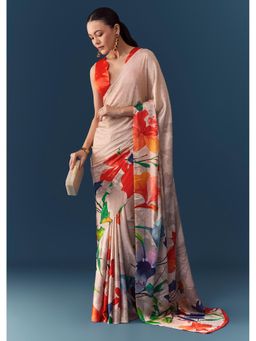 KALKI FASHION - Women Peach Floral Printed Stone Work Satin Saree with Unstitched Blouse