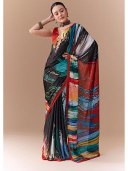 KALKI FASHION - Women Multi-Color Satin Printed Stone Work Saree with Unstitched Blouse