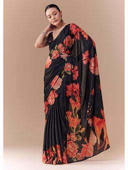 KALKI FASHION - Women Black Satin Floral Printed Stone Work Saree with Unstitched Blouse