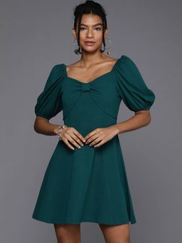 Style Quotient - Women Teal Green Puff Sleeves Dress With Twisted Detail