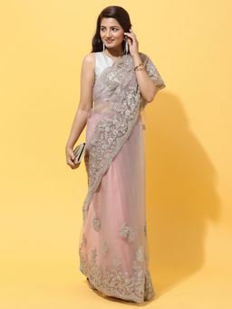 Kasee - Lavender Floral Embroidered Net Heavy Work Saree With Unstitched Blouse with Unstitched