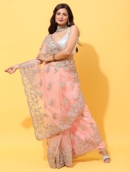 Kasee - Peach Floral Embroidered Net Heavy Work Saree With Unstitched Blouse with Unstitched