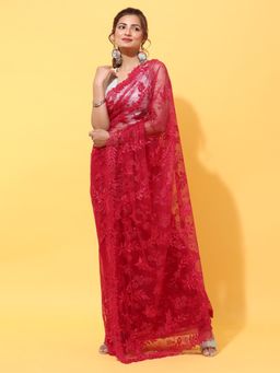 Kasee - Cherry Floral Embroidered Net Saree With Unstitched Blouse with Unstitched