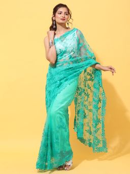 Kasee - Rama Floral Embroidered Net Saree With Unstitched Blouse with Unstitched