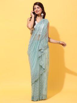 Kasee - Turquoise Sequined Work Saree With Unstitched Blouse with Unstitched