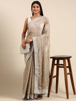 Kasee - Brown Saree With Unstitched Blouse With Butta Embroidery Work with Unstitched