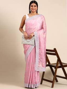 Kasee - Pink Saree With Unstitched Blouse With Butta Embroidery Work with Unstitched