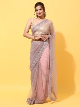 Kasee - Mauve Stone Saree With Unstitched Blouse With Embroidery Border Work with Unstitched