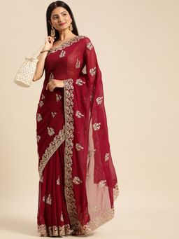 Kasee - Fancy Maroon Saree With Unstitched Blouse with Unstitched