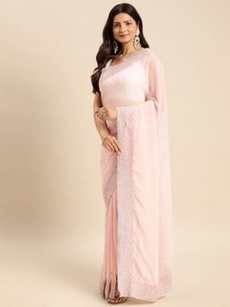 Kasee - Light Pink Diamond Work Saree With Unstitched Blouse with Unstitched