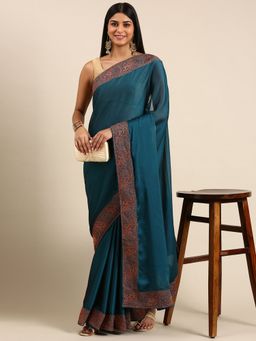 Kasee - Teal Art Silk Plain Saree With Unstitched Blouse with Unstitched