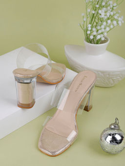 Louis Stitch - Women's Transparent Double Straps Gold Sandal Heels