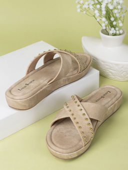 Louis Stitch - Women's Beige Cross Strap and Beaded Embellishment Sandals