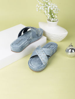 Louis Stitch - Women's Blue Cross Strap and Beaded Embellishment Sandals