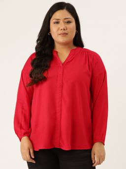 theRebelinme - Plus Size Women Red Solid Color Smocked Detail High Low Top