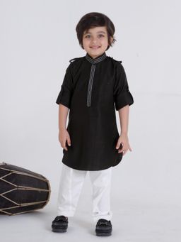 Mini Stitch - Black Collar Placket Contrast Stich Pathani Kurta & Pyjama (Set of 2)