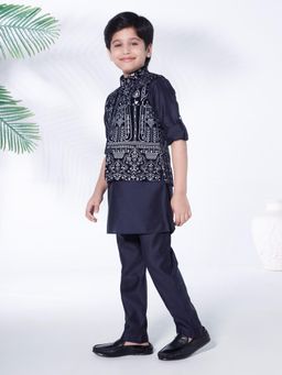 Mini Stitch - Navy Blue Gold Embroidered Jacket with Kurta & Pyjama (Set of 3)