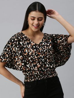 SHOWOFFFF - Women V-Neck Flare Sleeves Animal Print Black Top