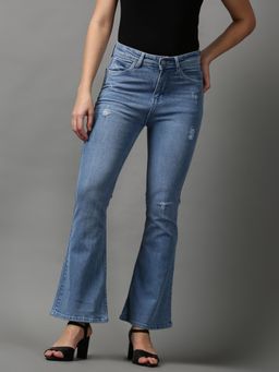 SHOWOFFFF - Womens Low Distress Bootcut Blue Denim Jeans