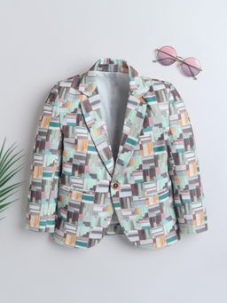 Mini Stitch - Full Sleeves Abstract Geometrical Print Party Blazer- Olive Green