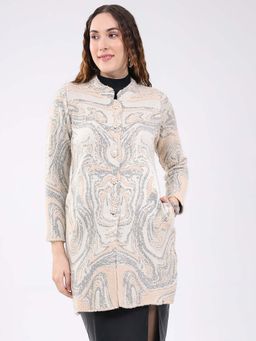 Monte Carlo - Women Beige Regular Fit Jacquard Round Neck Full Sleeve Knitted Cardigan