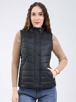 Rock.it - Women Black Regular Fit Solid Stand Collar Sleeveless Jacket