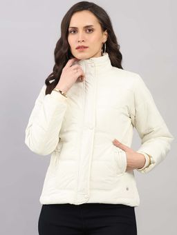 Monte Carlo - Women Cream Regular Fit Solid Stand Collar Full Sleeve Jacket