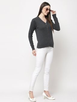 Club York - Women Charcoal Self Design Cardigan