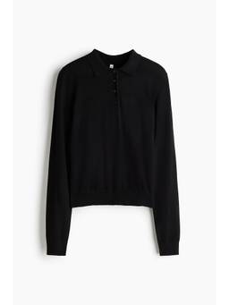 H&M - Women Black Fine-Knit Polo T-Shirt
