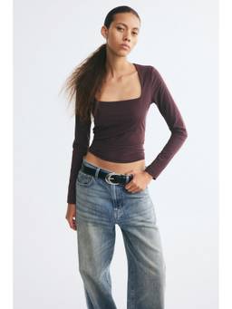 H&M - Women Burgundy Square-Neck Ponte Di Roma Crop Top