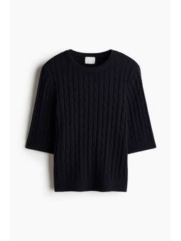 H&M - Women Navy Blue Short-Sleeved Cable-Knit Top