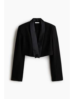 H&M - Women Black Cropped Satin-Lapel Blazer