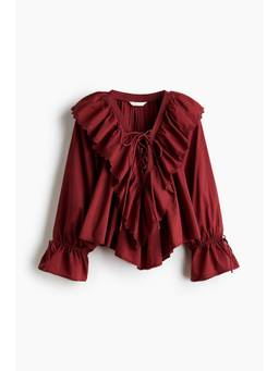 H&M - Women Red Frill-Trimmed Cotton Blouse
