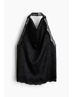 H&M - Women Black Lace-Trimmed Halter Neck Top