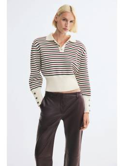 H&M - Women White Shoulder-Pad Fine-Knit Polo T-Shirt