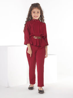 Mini Stitch - Solid Georgette High Neck 2 Piece For Baby Girls-Maroon (Set of 2)