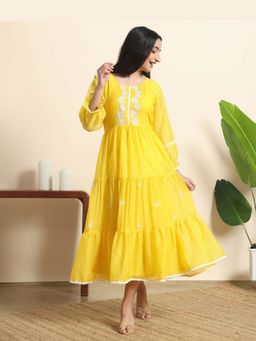 Sarvaa by Kriti - Yellow Daisy Summer Embroidered Midi Dress
