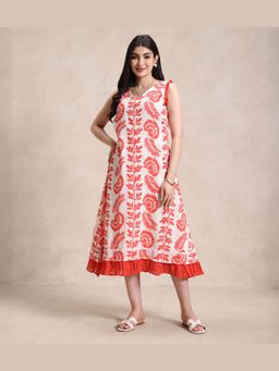Sarvaa by Kriti - Orange Floral Printed Midi Dress