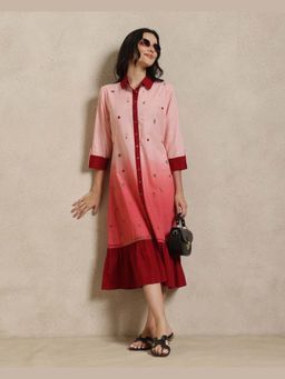 Sarvaa by Kriti - Maroon The Gulnaar Ombre Embroidered Midi Shirt Dress