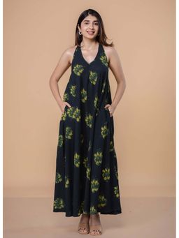The Indian Ethnic Co. - Tashi Green Dabu Slub Cotton A Line Dress
