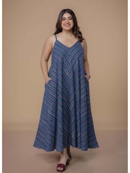 The Indian Ethnic Co. - Sonam Blue Dabu Slub Cotton A Line Dress