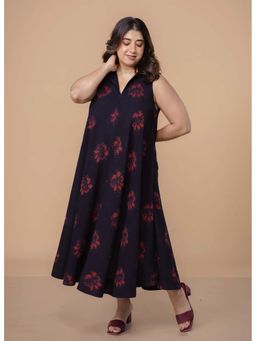 The Indian Ethnic Co. - Arya Black Dabu Slub Cotton A Line Dress