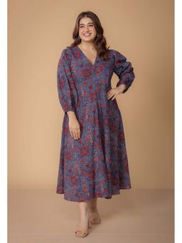 The Indian Ethnic Co. - Eyza Blue Dabu Slub Cotton A Line Dress
