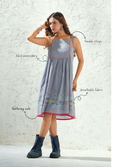 Thread Game - Blue Check Weaved Jamdani Spaghetti Dress