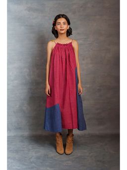 Thread Game - Red Jamdani Checked Dress With Spaghetti Strap