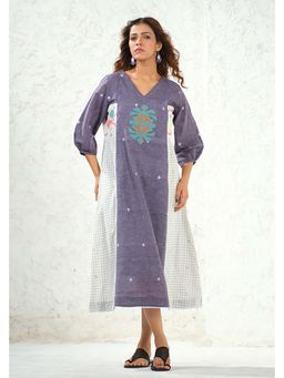 Thread Game - Blue Jamdani Checked Applique Detail Long Dress