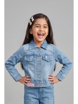 TINY GIRL - Barbie By Full Sleeves Brand Name Printed Jacket- Light Blue