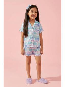TINY GIRL - Barbie by Half Sleeves AII over printed Shirt with Shorts - Aqua