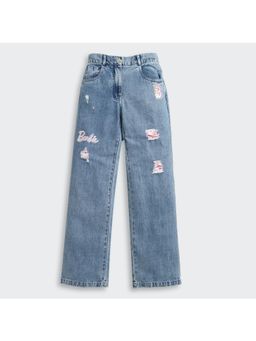 TINY GIRL - Barbie by distressed Barbie name text printed Jeans- Light Blue