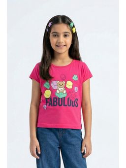TINY GIRL - Puff Sleeves Placement Printed Top- Rani Pink